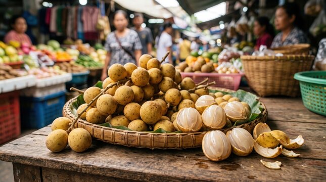 Fresh longkong or langsat fruits in a woven basket at a local market