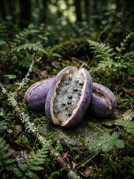 Akebia quinata fruits with open pods in a lush forest environment