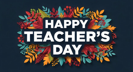 Fototapeta premium Colorful Floral Wreath with Happy Teacher's Day Typography on Dark Background