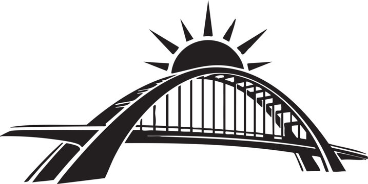 Modern bridge at sunrise, urban landscape silhouette