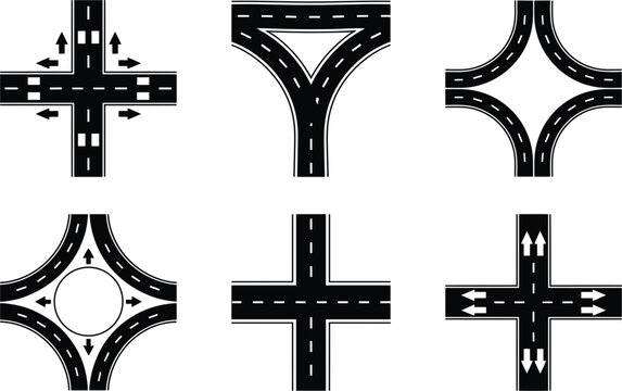 Black and white of six different road intersections with arrows and lane markings crossroads