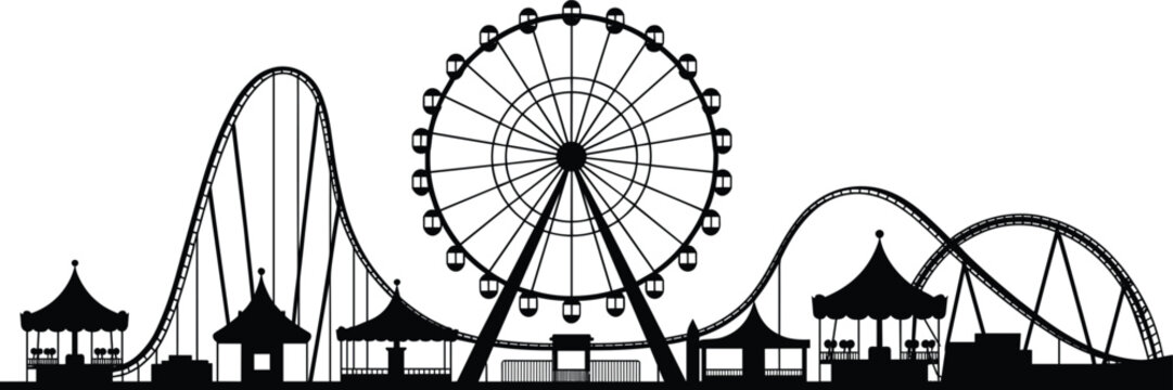Black and white silhouette amusement park skyline with roller coasters, ferris wheel, and carousels