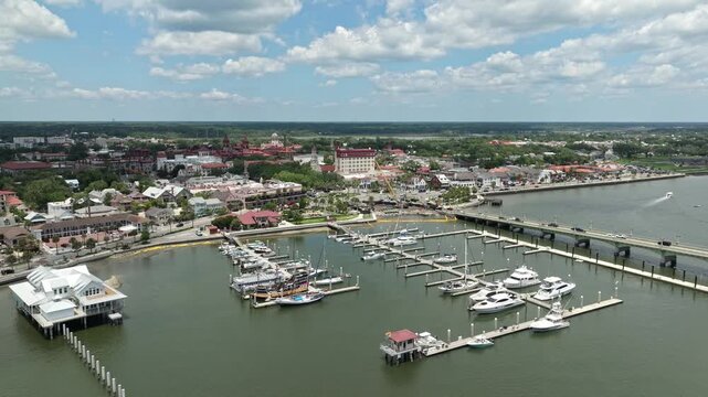 Aerial Drone View of Historic Saint Augustine Marina and Bridge of Lions Florida. June 24, 2026. 