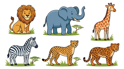 Obraz premium Colorful cartoon safari animals standing on grass patches