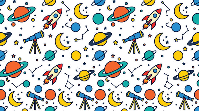 Seamless outer space pattern with planets rockets stars and moons on a white background