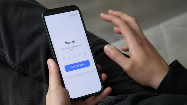 Mobile app screen showing experience rating request. Simple interface with prompt to share feedback. Ideal for videos about customer service, quality assurance, and user engagement strategies.