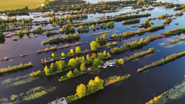 Aerial drone view the harbour of Scheendijk Loosdrechtse Plassen, a floating village in the Netherlands at sunset. High quality 4k footage