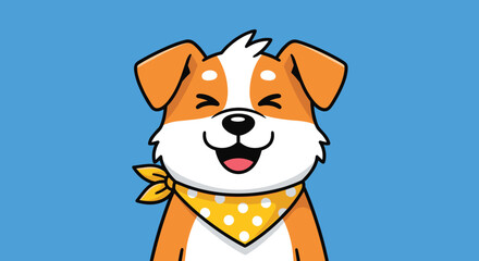 Fototapeta premium Happy small puppy with brown and white fur wearing a yellow polka dot bandana smiling joyfully with its eyes closed.