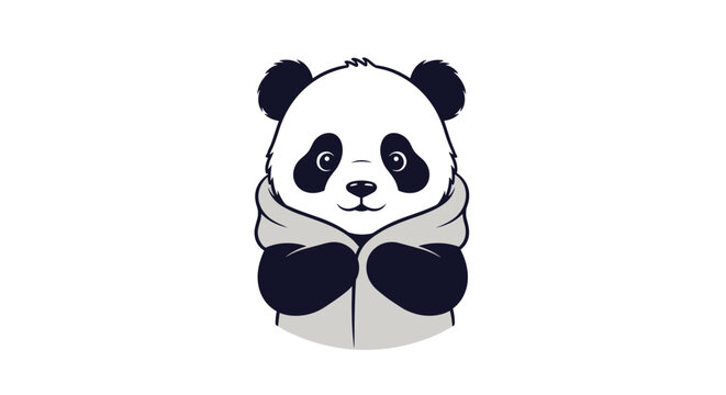 Adorable cartoon panda bear wearing a cozy gray hoodie with its paws tucked together in a sweet and shy looking pose.