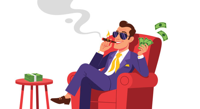 Successful wealthy man in a purple suit smokes a cigar and holds cash while relaxing in a comfortable red armchair.