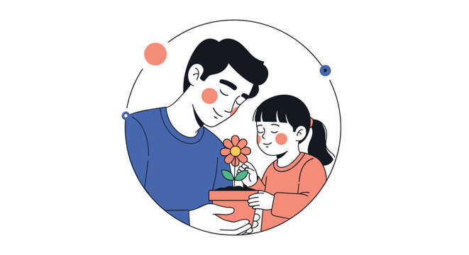 Caring father and young daughter work together to plant a beautiful flower in a pot within a circular frame vector illustration.