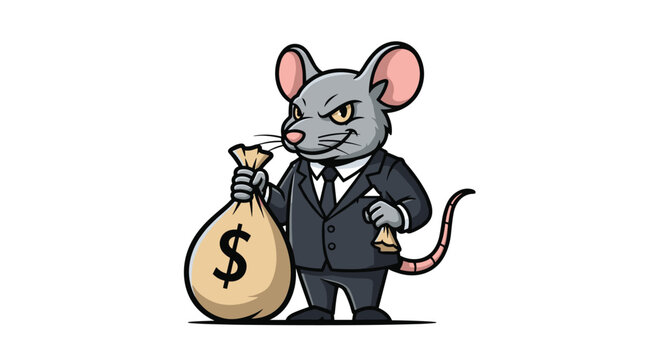 Mean looking rat dressed in a grey business suit and tie holds a large sack of money marked with a dollar sign.