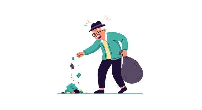 Kind elderly man in a hat and glasses bending over to pick up pieces of litter and putting them in a trash bag.