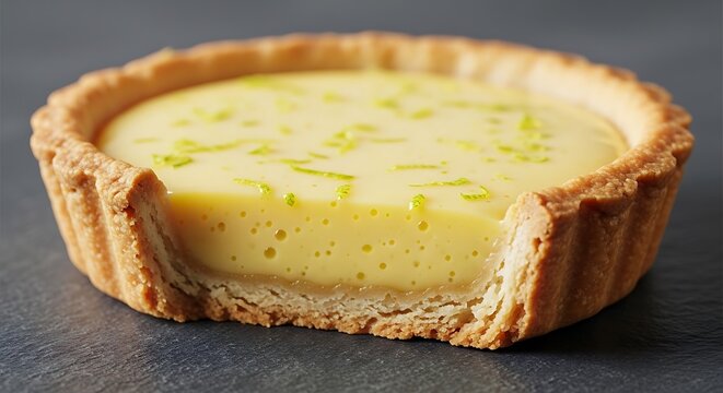 A close-up view of a delicious key lime tart with a crisp buttery crust and smooth citrus custard filling served on a dark textured background surface