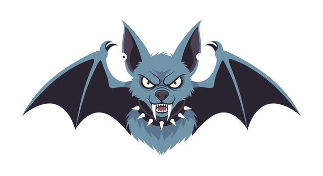 Menacing blue bat with sharp fangs and a spiked collar spreading its wings wide against a clean white background.