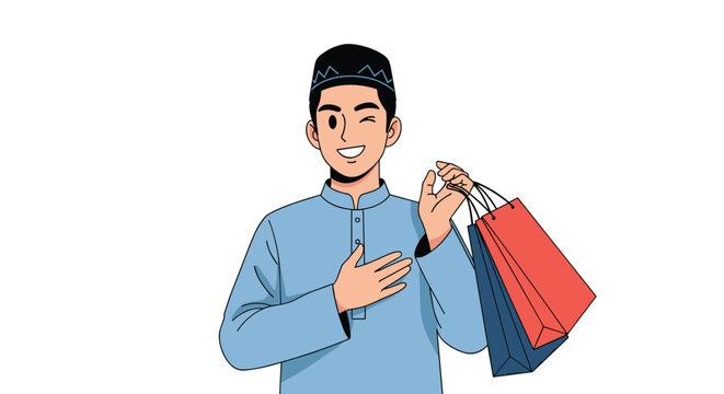 Happy Muslim man in traditional blue baju melayu winking while holding several colorful shopping bags on white background.