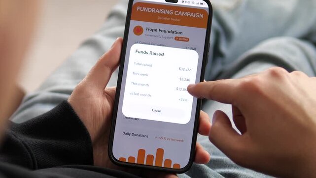 Mobile app for tracking fundraising campaigns with verified status. Screens show total raised 32 USD, weekly growth, and donor statistics. Ideal for videos about nonprofit management, giving campaign