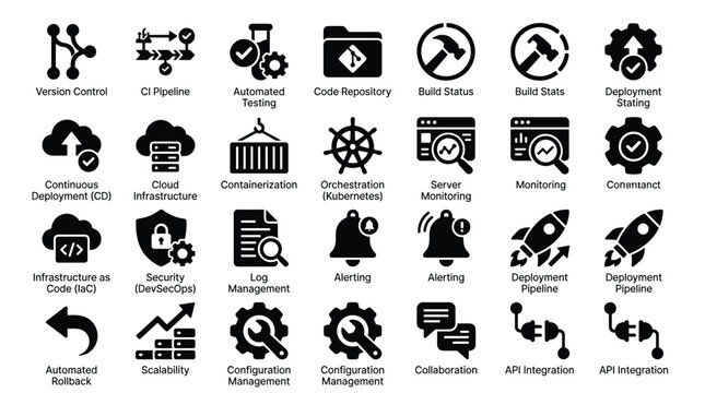 Software development and devops icon set including version control ci pipeline automated testing orchestration kubernetes cloud infrastructure infrastructure as code and api integration symbols.