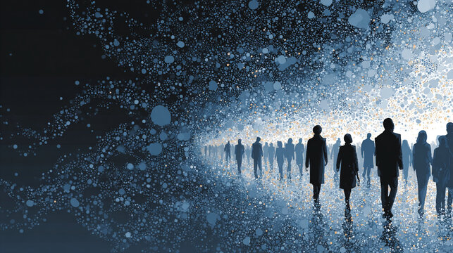 Silhouettes of People Walking in Rain with Backlight and Reflections on Wet Ground