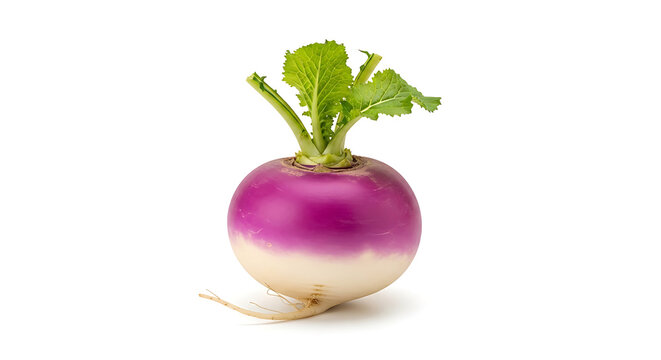 Fresh purple and white turnip with green leaves on top isolated on white background transparent background