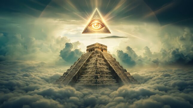 Mysterious pyramid of kukulkan with illuminated all seeing eye