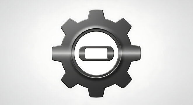 Gray metallic gear icon with pause button in the center on white background  technology symbol transparent background