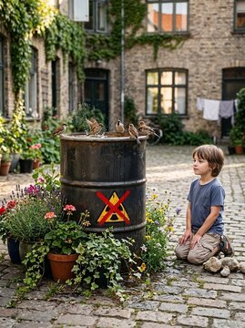 Child observing birds drinking from a deactivated barrel in a charming courtyard
