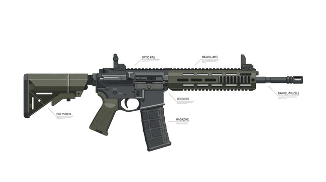 Detailed Technical Illustration of a Modern Tactical Rifle showing Component Parts