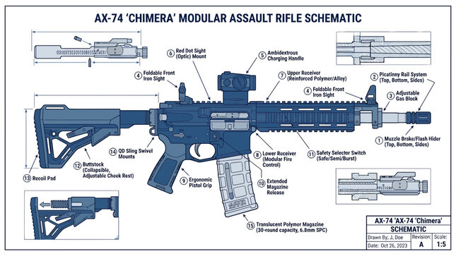 Detailed Technical Schematic of a Modern Modular Assault Rifle System and Components