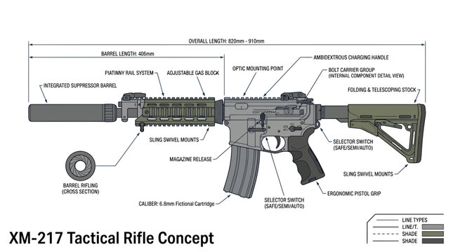 Detailed Technical Schematic of a Modern Tactical Assault Rifle Concept with Annotations