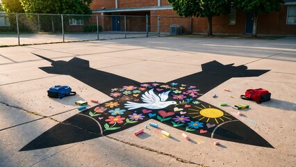 Anti-war mural with dove and flowers in schoolyard during sunset