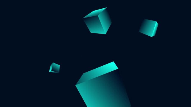 Levitation of glowing teal cubes in dark void, minimalist 3d geometric motion graphic background with floating boxes and deep perspective, perfect looping animation for sleek modern tech videos