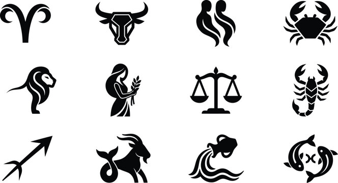 Set of twelve black zodiac sign icons representing astrology horoscopes isolated on a clean white background