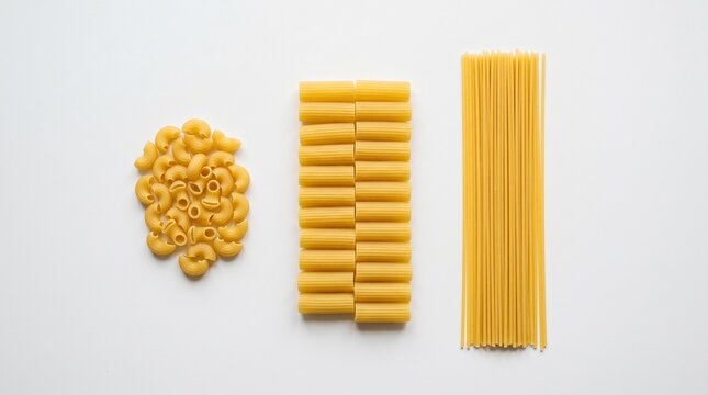 &ldquo;Minimalist pasta composition with three uncooked varieties: elbow macaroni, rigatoni tubes, and aligned spaghetti strands on plain white background, symbolizing culinary diversity and texture&hellip;&rdquo;
