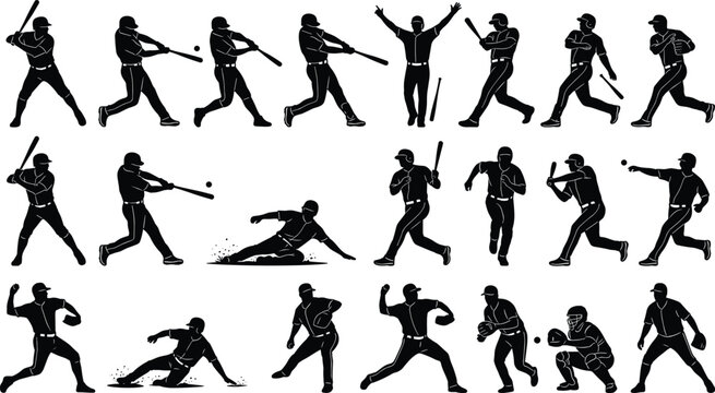 Baseball Player Silhouette Vector Icon Set Featuring Illustration of Pitchers Throwing Batters Swinging and Base Runners Sliding