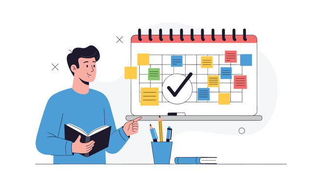 Smart businessman standing next to a large desk calendar displaying scheduled tasks and a giant checkmark icon.