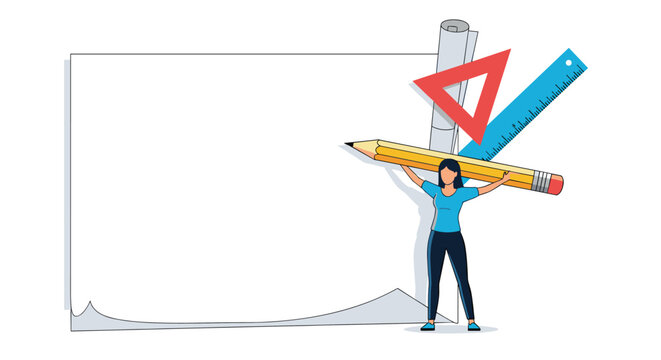 Creative graphic designer holding giant yellow pencil next to blank white banner for copy space.