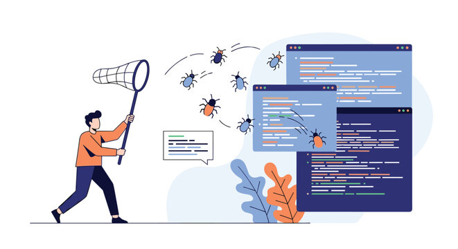 Professional software developer catching computer bugs with a net from programming code windows to fix system errors.