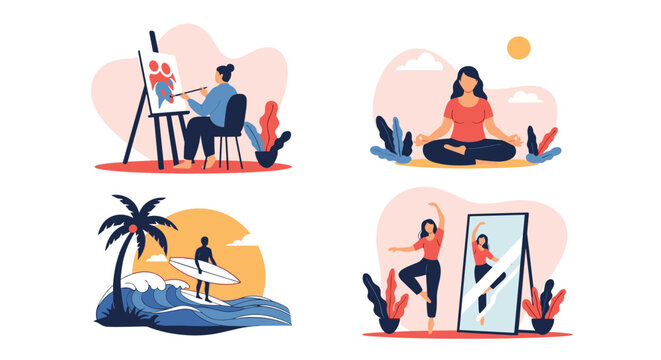 Four panels depicting different recreational hobbies including painting, yoga, ocean surfing, and ballet dancing.