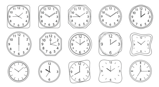 Collection of creative clock faces with different shapes and hands showing various times in a clean line art style.