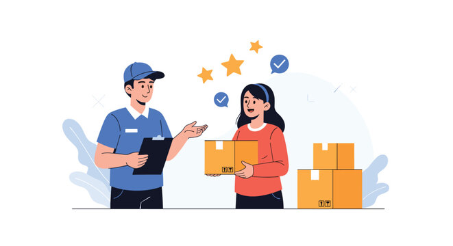 Professional delivery man in uniform hands over a parcel box to a happy female customer who gives top rating stars.