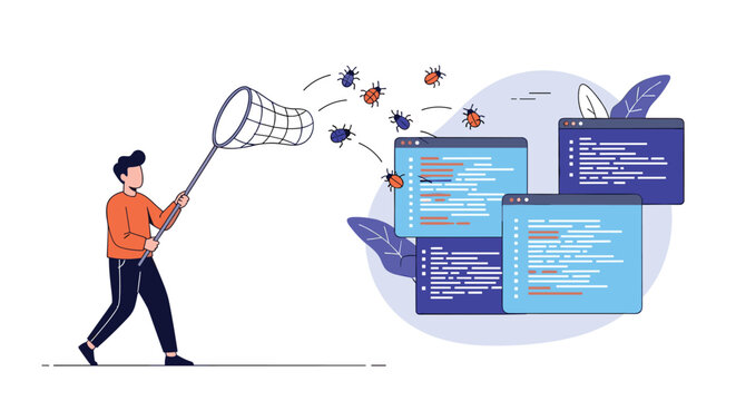 Software developer using a net to catch flying bugs from code windows, representing debugging and program optimization.