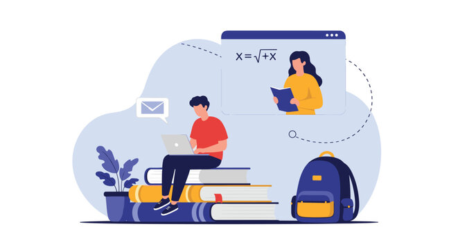 Student sitting on giant books with laptop while attending virtual math class with female teacher on screen.