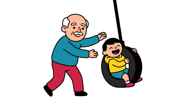 Smiling elderly man pushing a laughing young boy on a tire swing outdoors