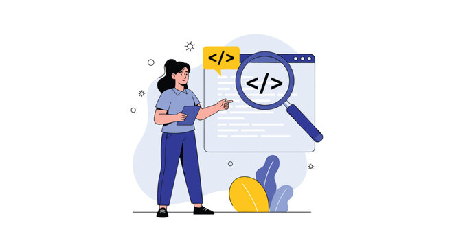 Skilled female programmer analyzes web software source code on a screen using a large digital magnifying glass.