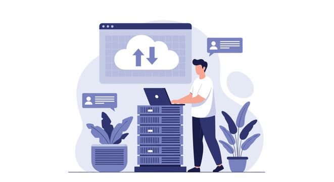 Professional system administrator successfully migrates database servers to cloud computing hosting storage using a laptop.
