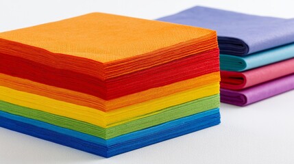 Fototapeta premium Brightly colored paper napkins rest on a plain white surface.