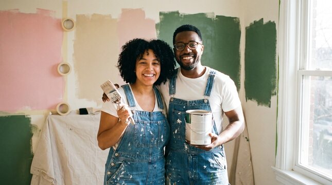 A smiling couple in paint‑splattered denim overalls stands in a sunlit room, holding a brush and green paint can. Behind them, pink, beige, and green test patches mark the wall.