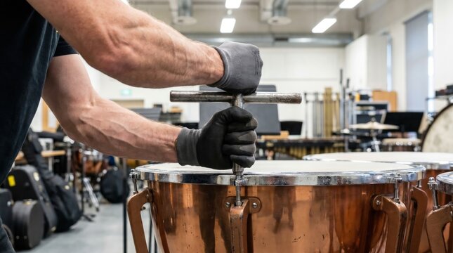 Craftsman wearing gloves tightening the hardware of a copper timpani drum
