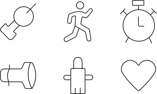 Running and fitness line icons set with jogger stick figure, alarm clock timer, heart, and flashlight symbols
